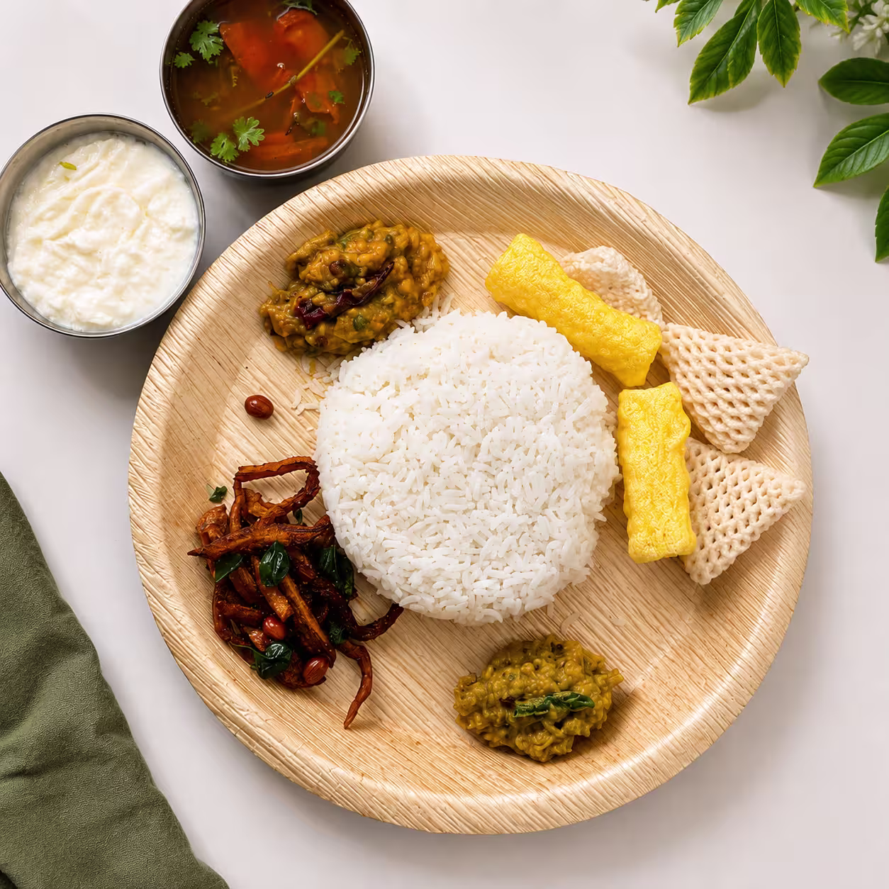 Fresh vegetarian rice meal with dal and vegetables for home food delivery Hyderabad