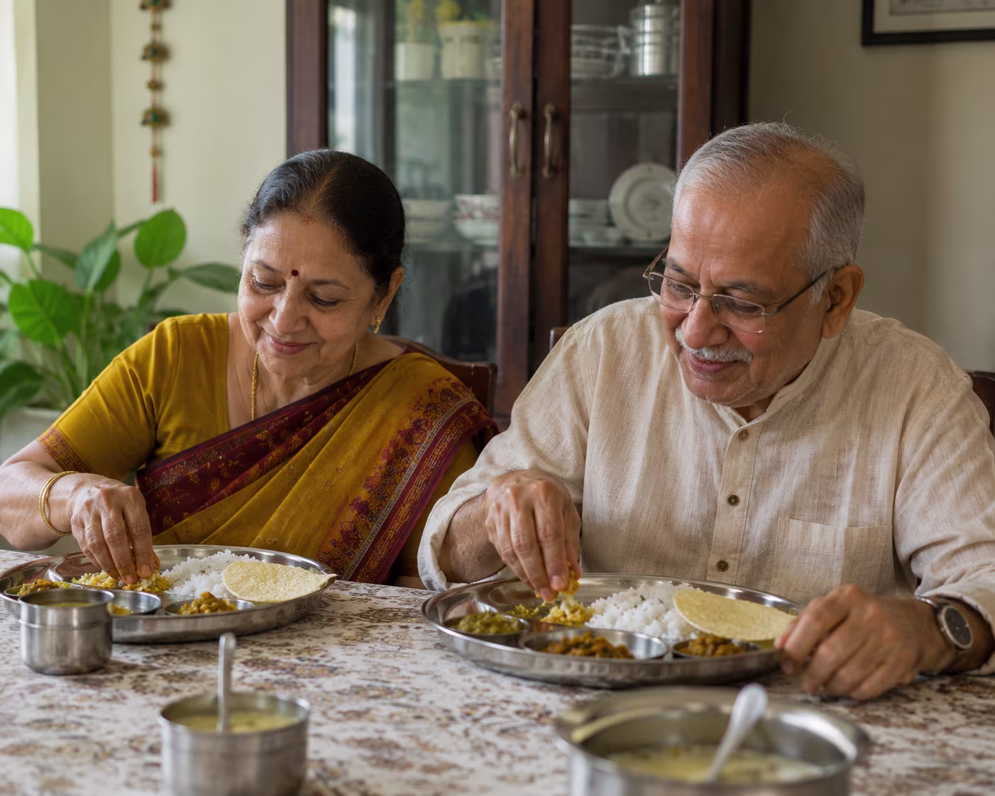 Elderly couple enjoying a homemade vegetarian meal at home