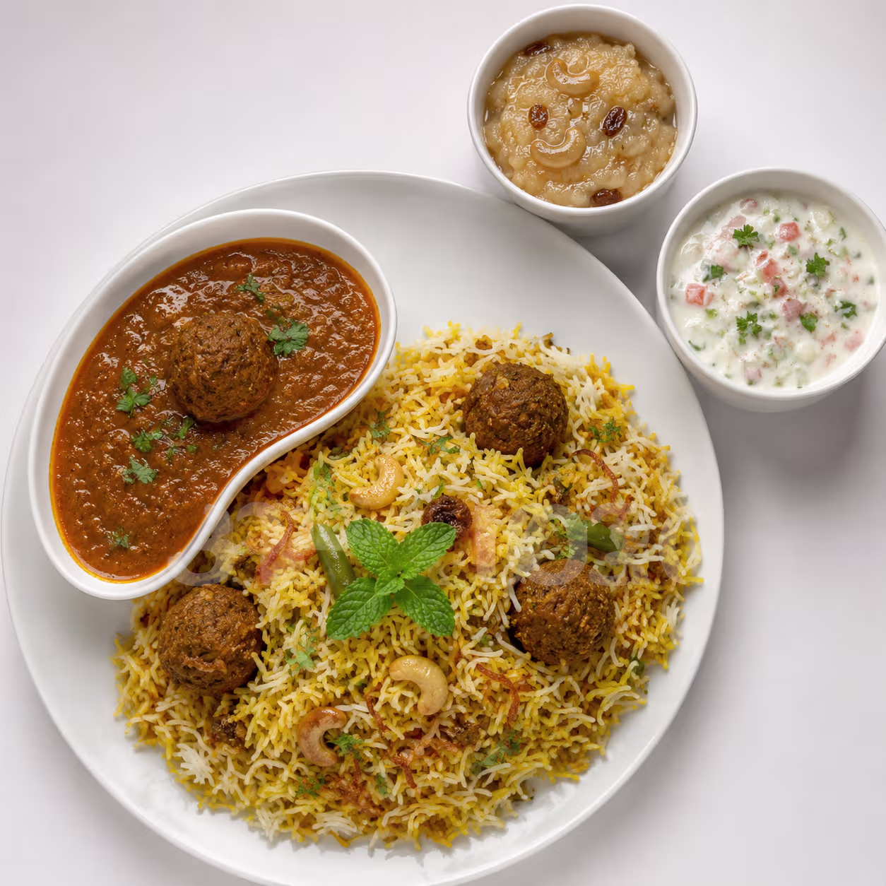 Vegetarian biryani meal with curry and raita for meals home delivery in Hyderabad